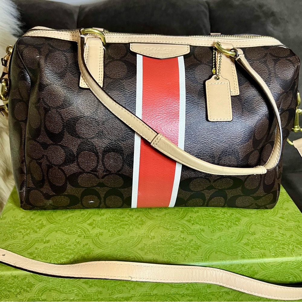 Coach Brown Satchel with Red Stripe